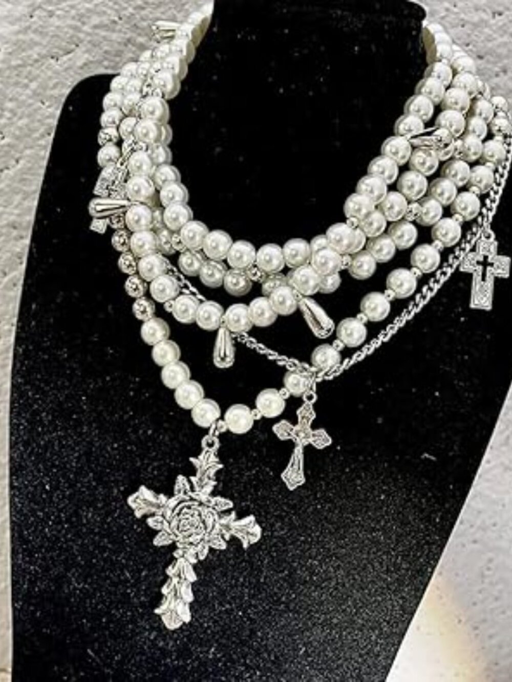 Beautiful Layered Pearl Necklace Choker Cross Pearl Stacked Statement Piece